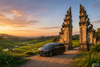Bali private car charter beside Balinese gate and rice terraces